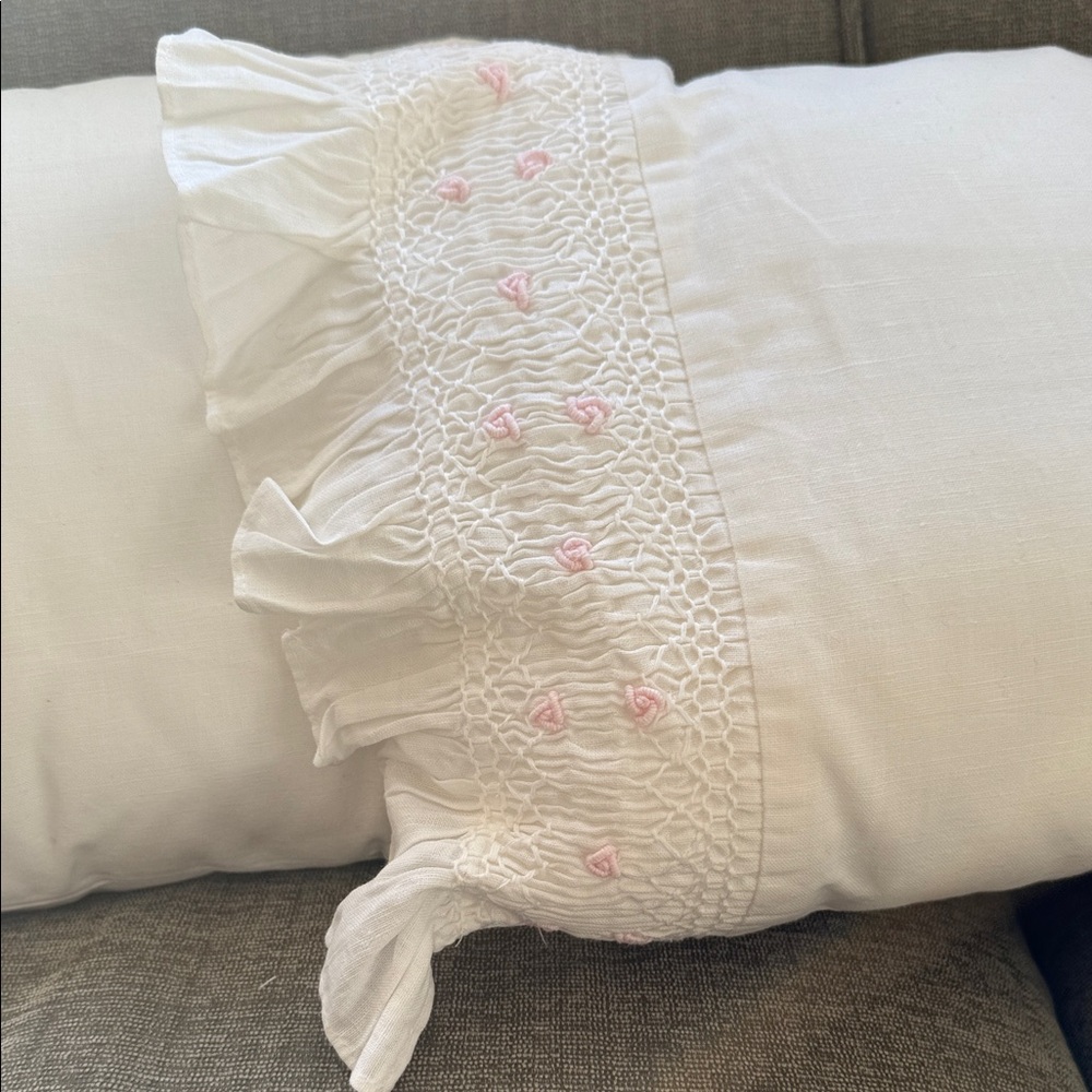 Chic White and Pink Embroidered Pillowcase